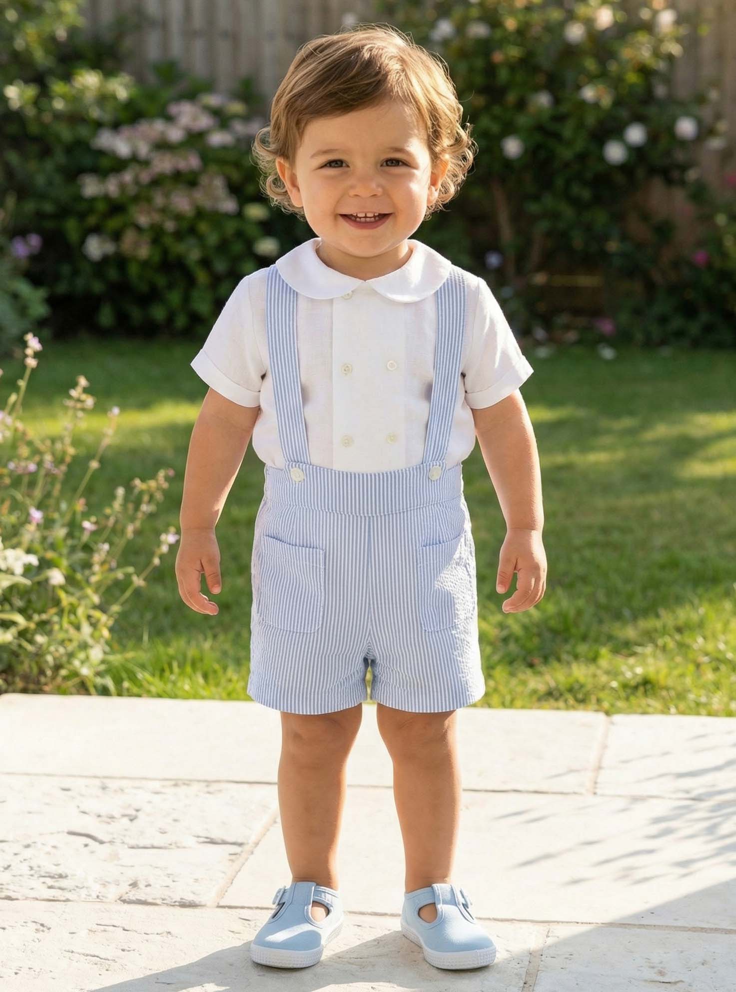 blue stripes bermuda and linen white shirt