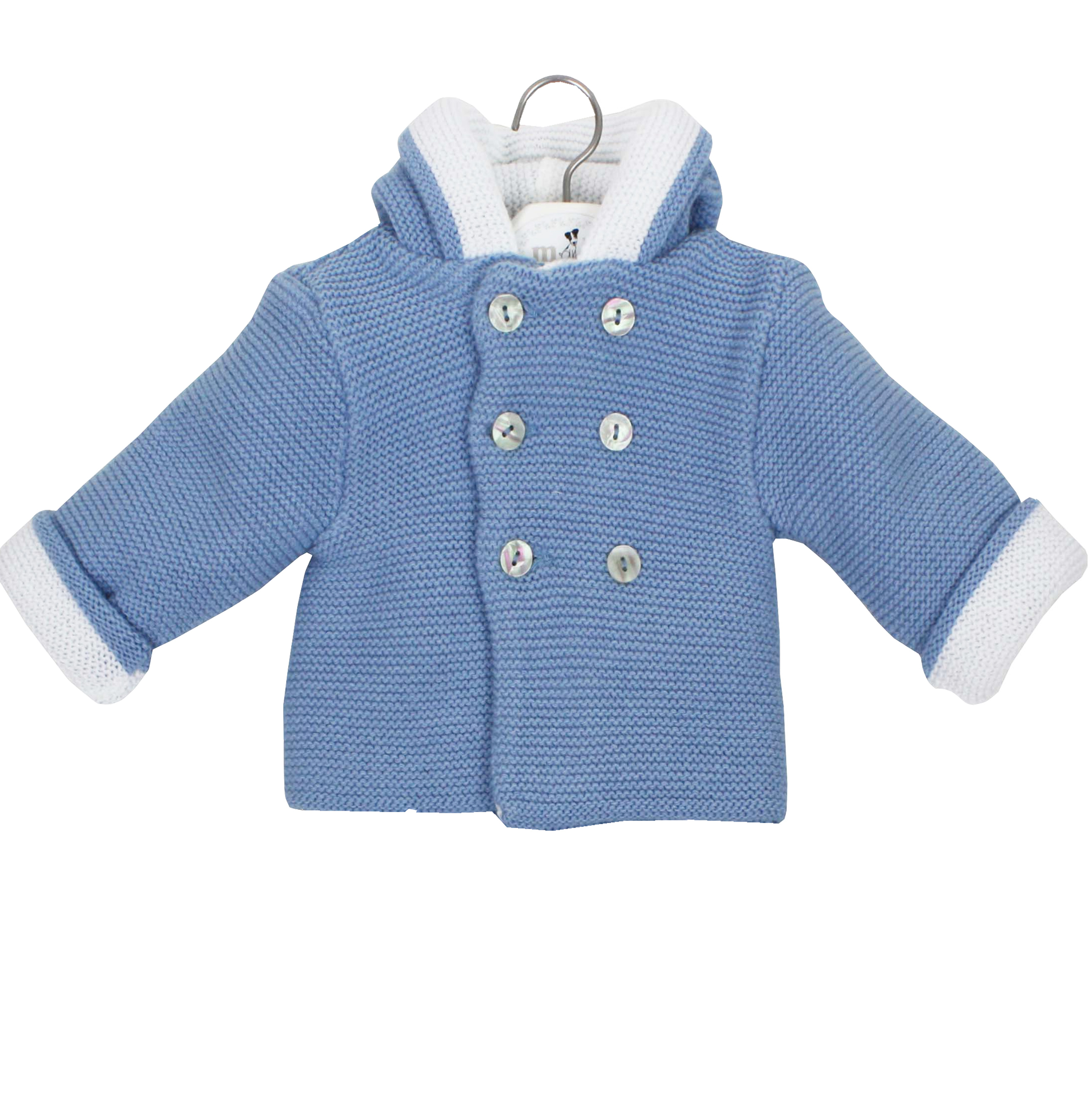 medium blue hooded cable-knit baby cardigan