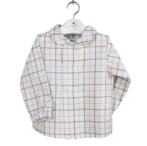 camisa doble botonadura cuadro azul arena