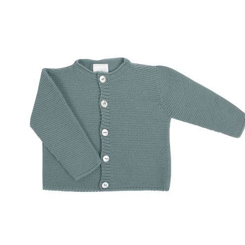 Knitted baby long cardigan in aquarelle green.