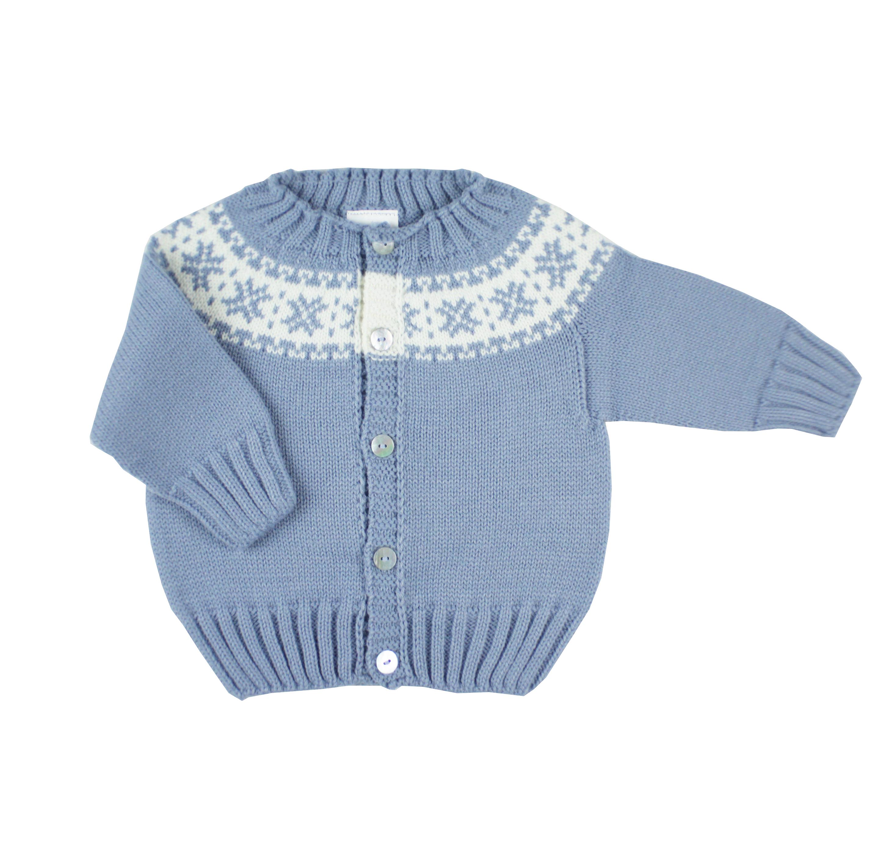 Medium blue knit cardigan white fretwork