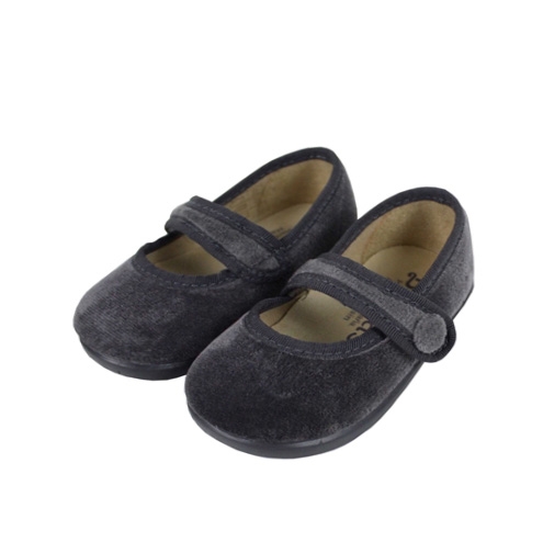 Grey velvet cross bar shoes with button