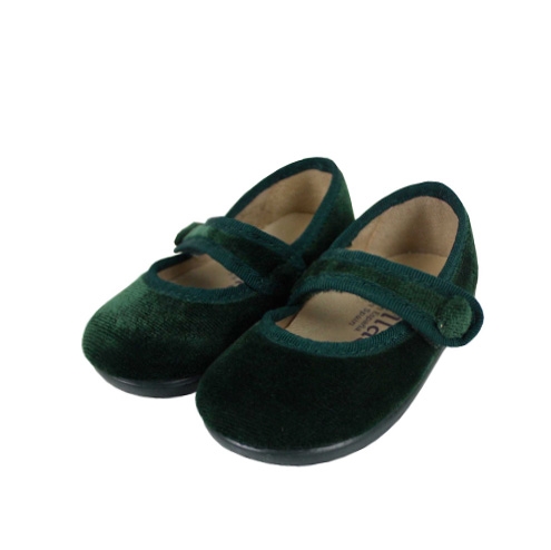 Green velvet cross bar shoes with button
