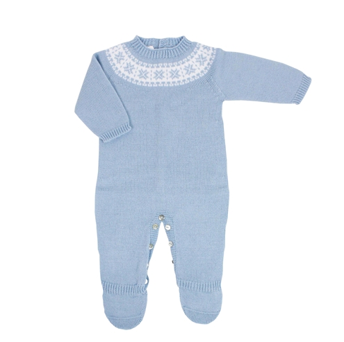 Blue knitted jumpsuit with fretwork