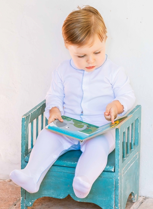Baby long sleepsuit white and blue stitch